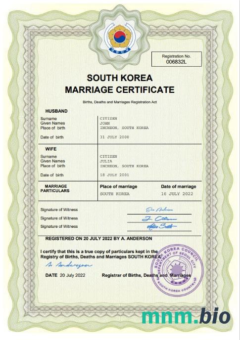 South Korea akt małżeństwa Word i PDF szablon